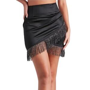 Windsor L Black Silver Fringe Silky Satin Asymmetrical Wrap High Rise Mini Skirt